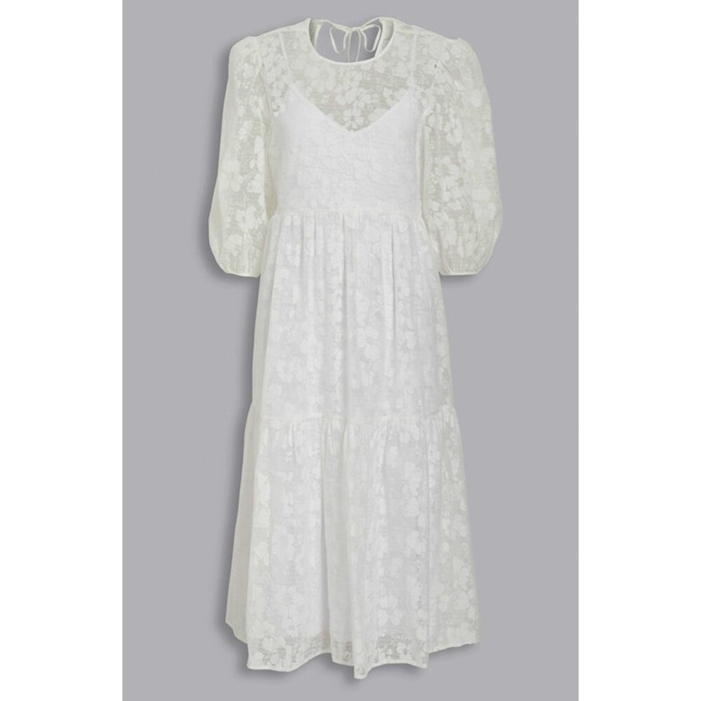 NWT WAYF Channing Tie Back Tiered Midi Dress POCKETS LACE BABYDOLL WHITE SIZE S